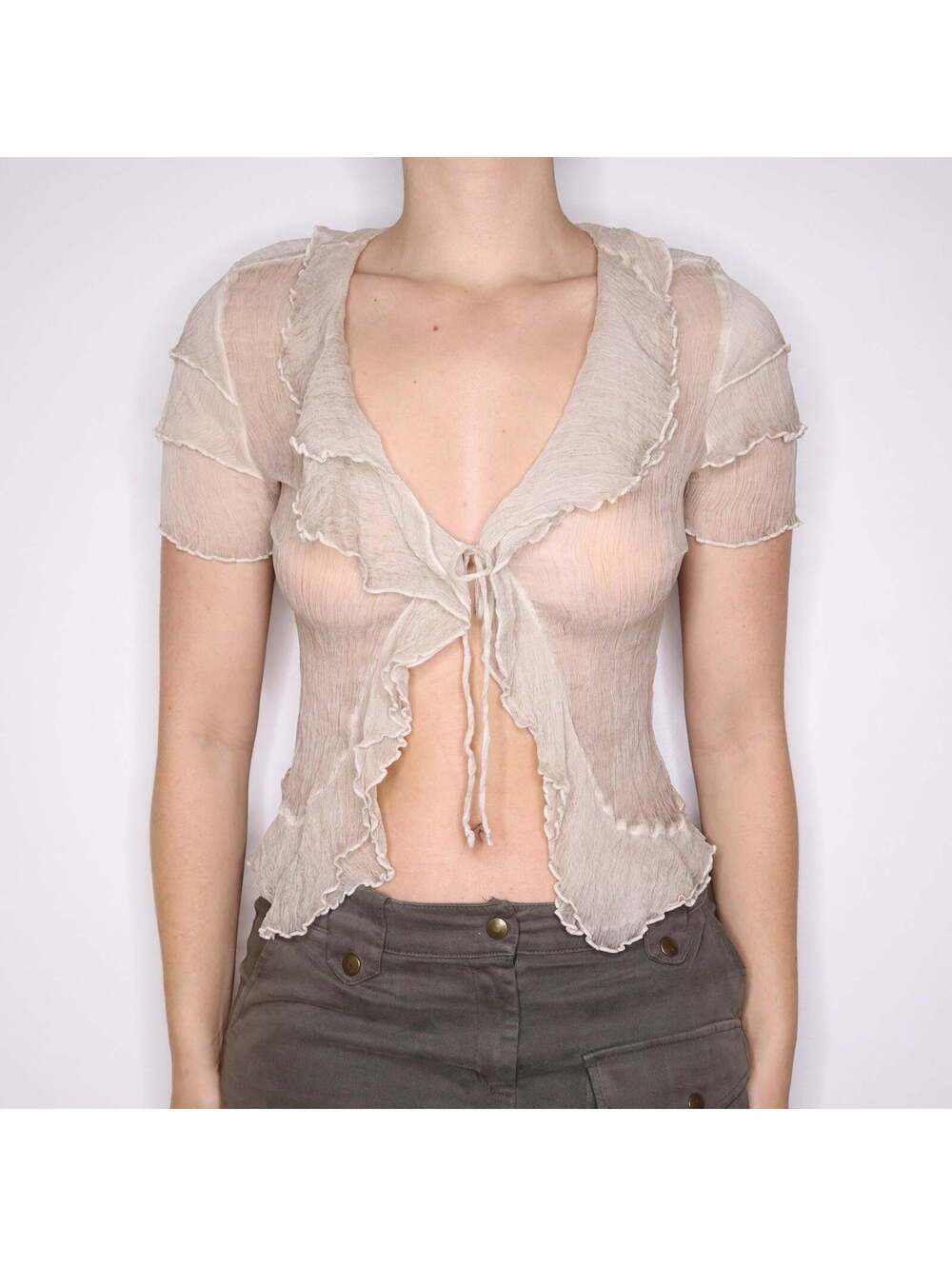 Y2K Pale Grey Crinkled Chiffon Blouse (M)